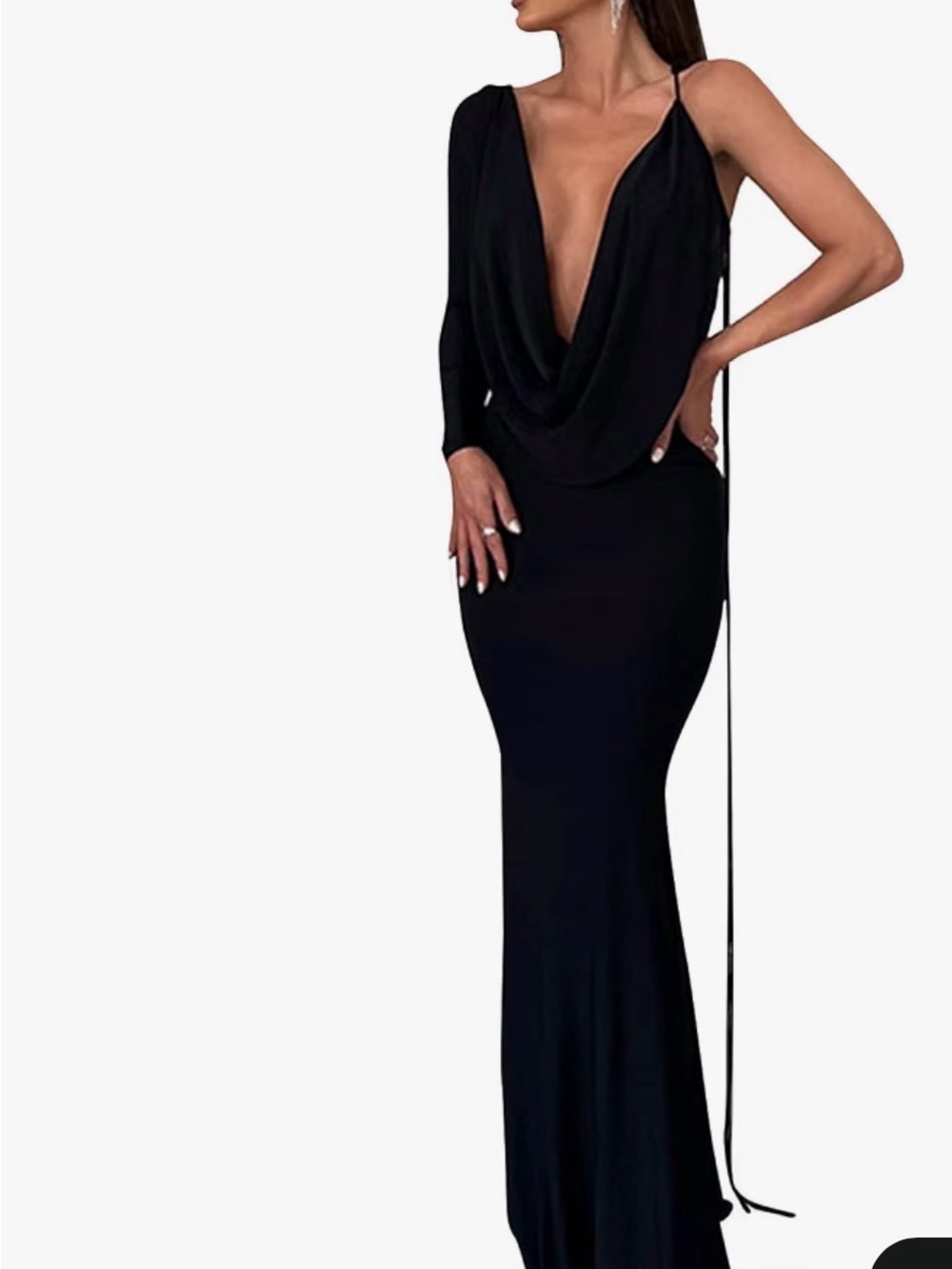 Black Draped Plunge Evening Gown